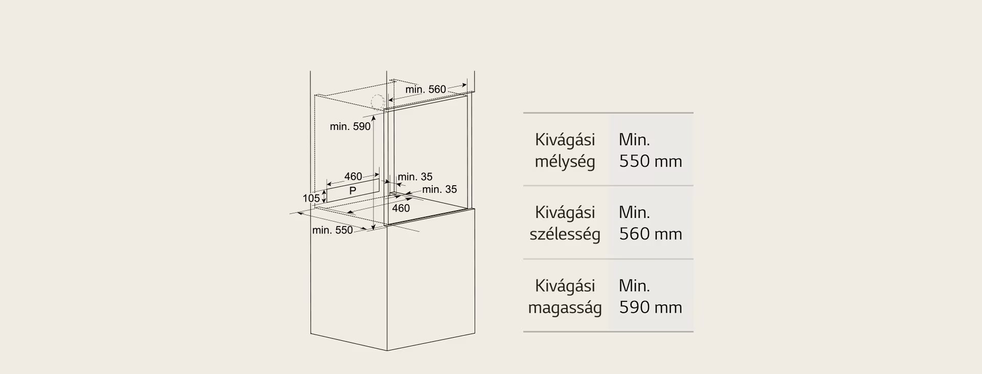 Beépítési rajz méretekkel Min. 550 mm mély, 560 mm széles, 590 mm magas.