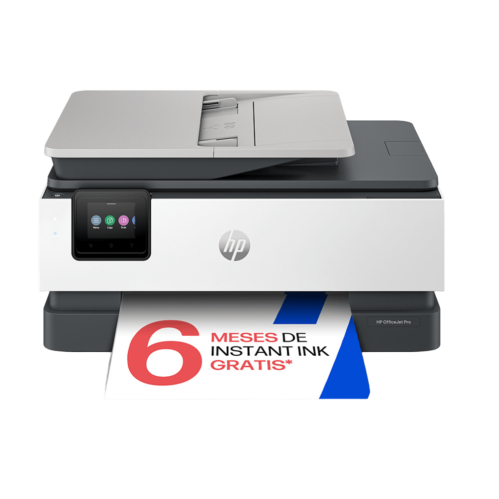 Una impresora HP OfficeJet Pro blanca con pantalla táctil saca un papel.