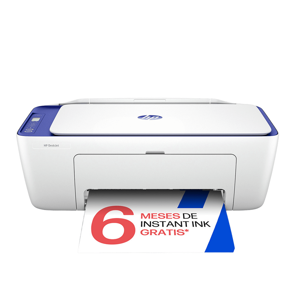 Impresora HP Deskjet blanca con tapa azul y una hoja de papel saliendo.