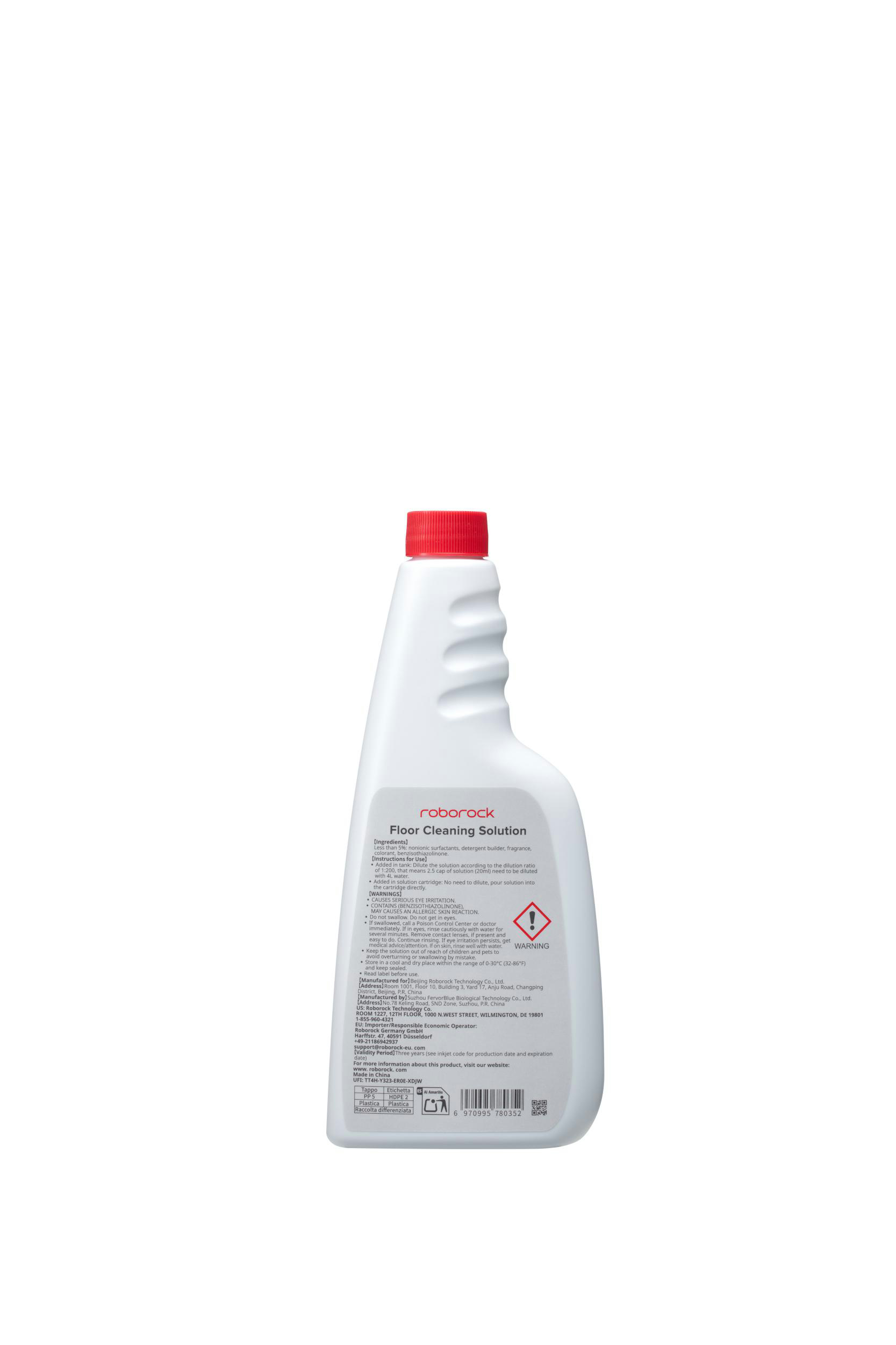 Weiße Flasche mit rotem Deckel, Roborock Bodenreiniger, Warnhinweise.