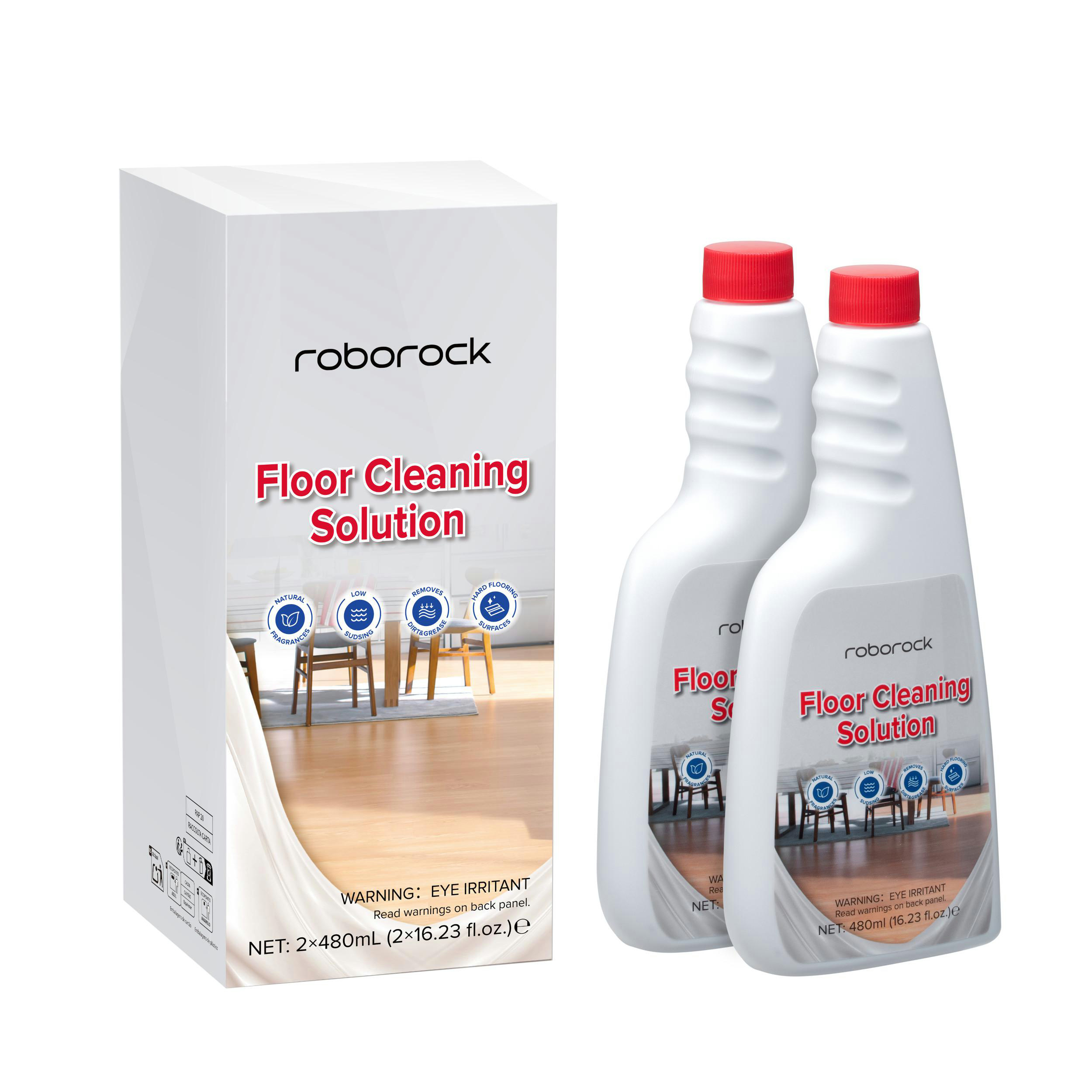 Eine Roborock Bodenreinigungsflasche und eine Verpackung.