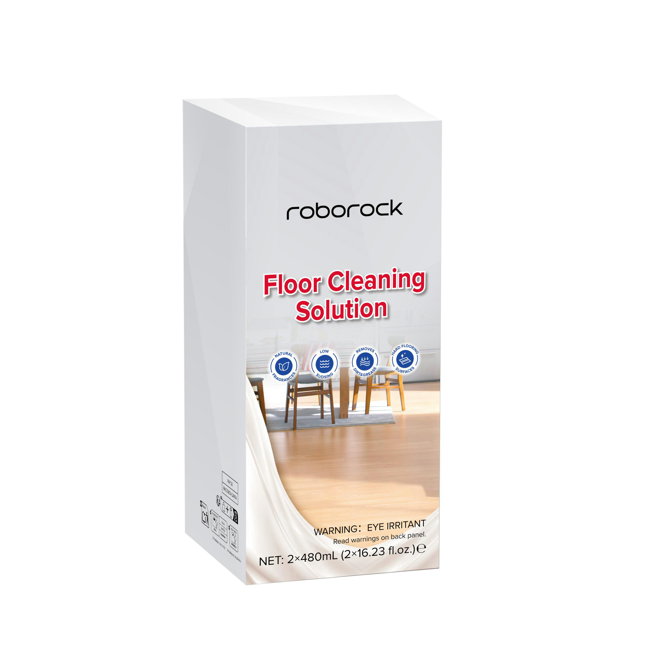 Verpackung für Roborock Bodenreiniger, mit Bild eines Esszimmers.