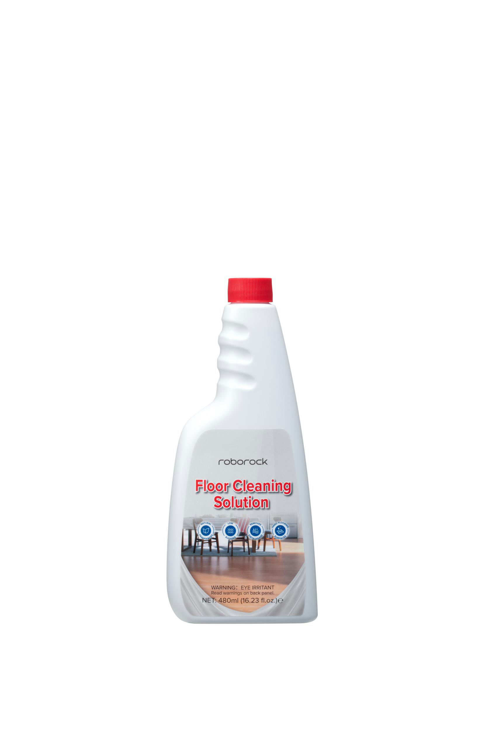 Weiße Flasche Roborock Bodenreiniger mit rotem Deckel, 480ml.