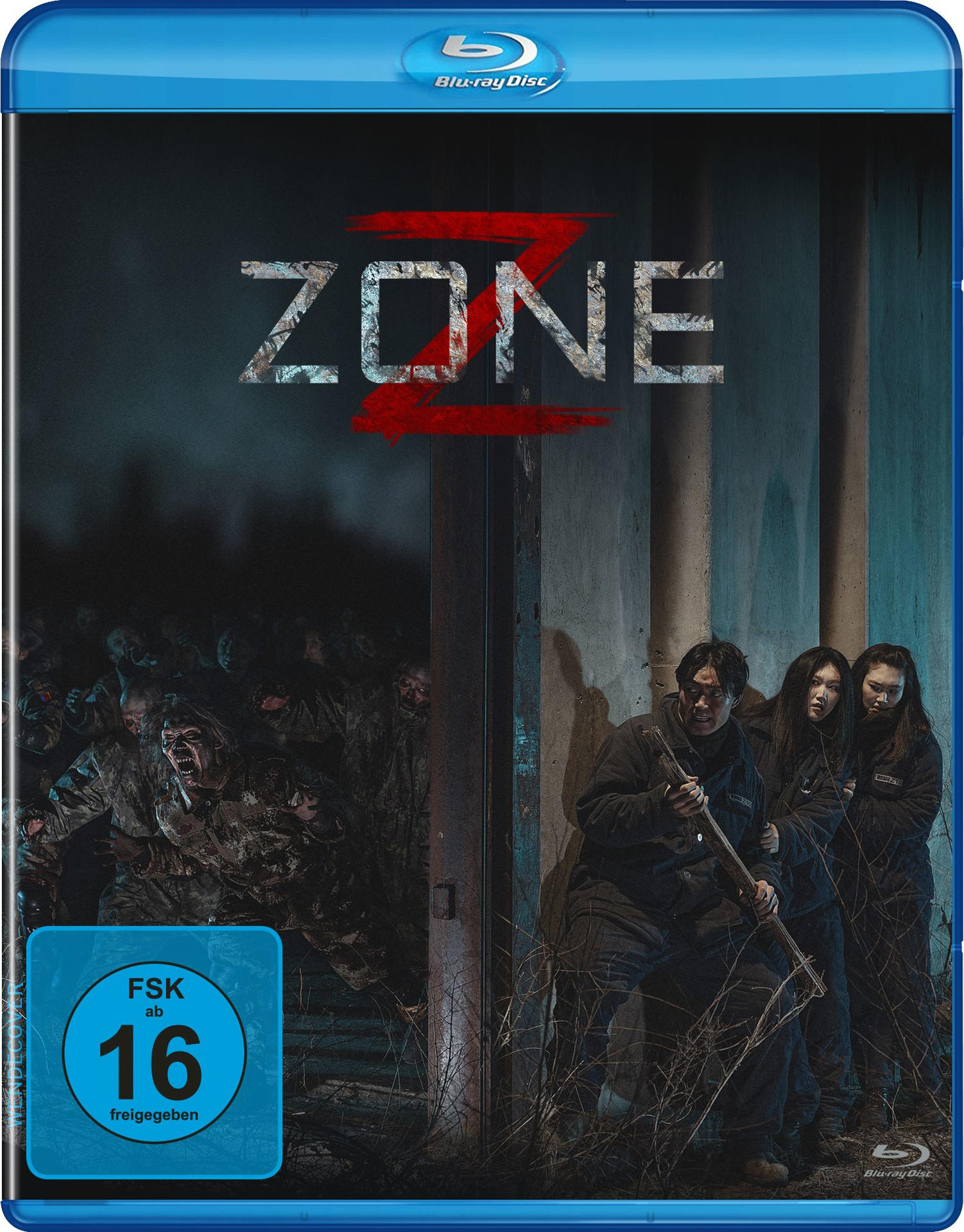 Menschen fliehen vor Zombies, die aus einer dunklen Gasse strömen.