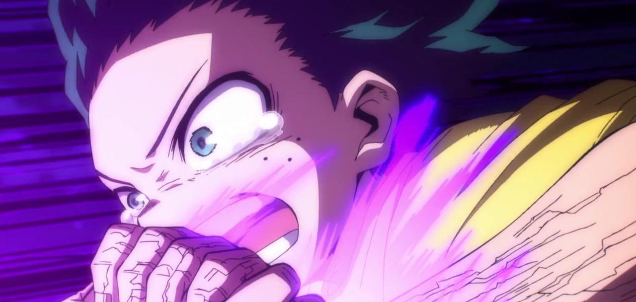 Ein Anime-Charakter mit blauen Augen und zerzaustem Haar, umgeben von violetter Energie.