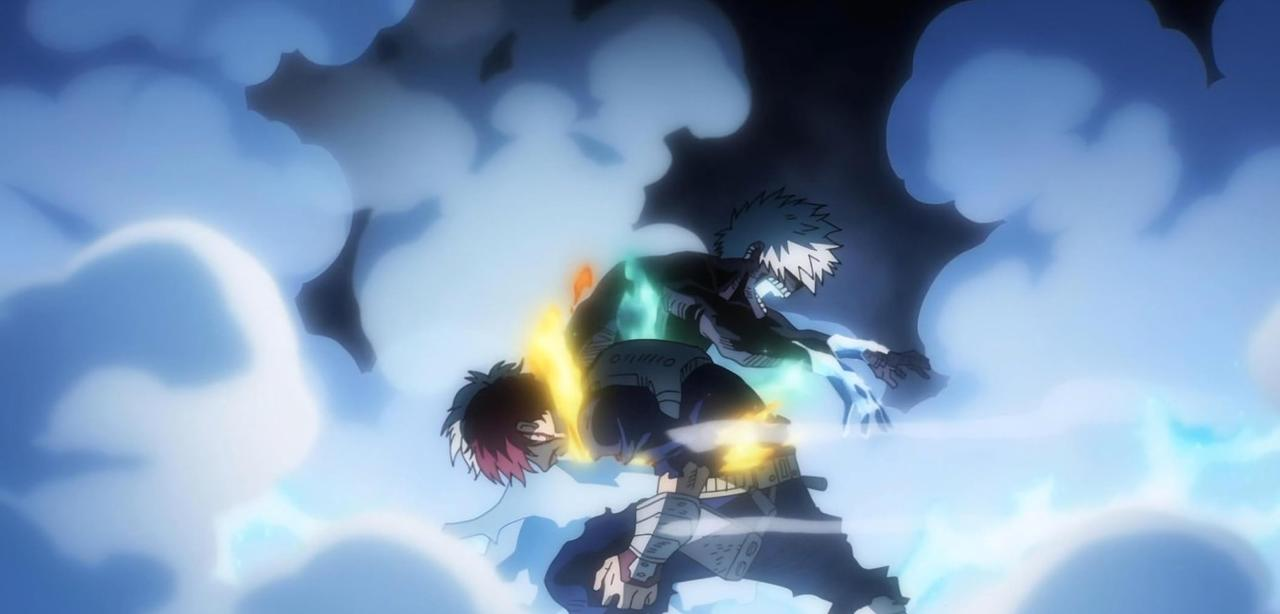 Zwei Anime-Charaktere kämpfen inmitten blauer Wolken, einer mit Feuer, der andere mit Eis.
