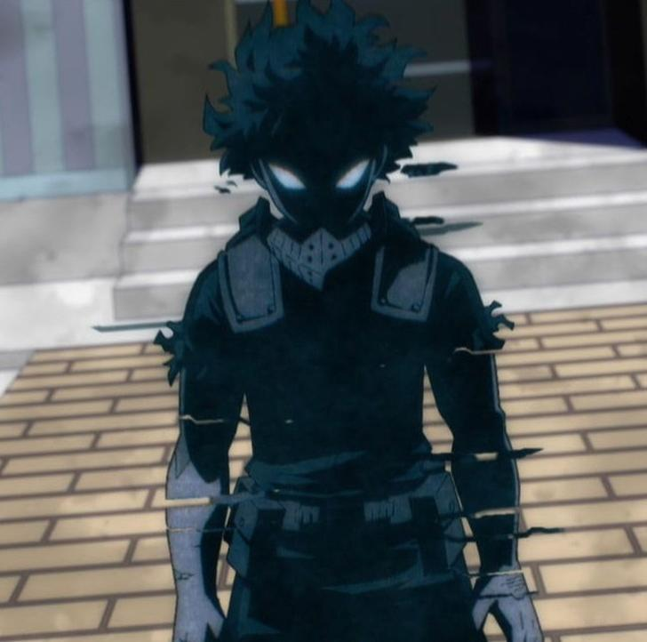 Ein dunkler Charakter mit leuchtend blauen Augen und Maske.