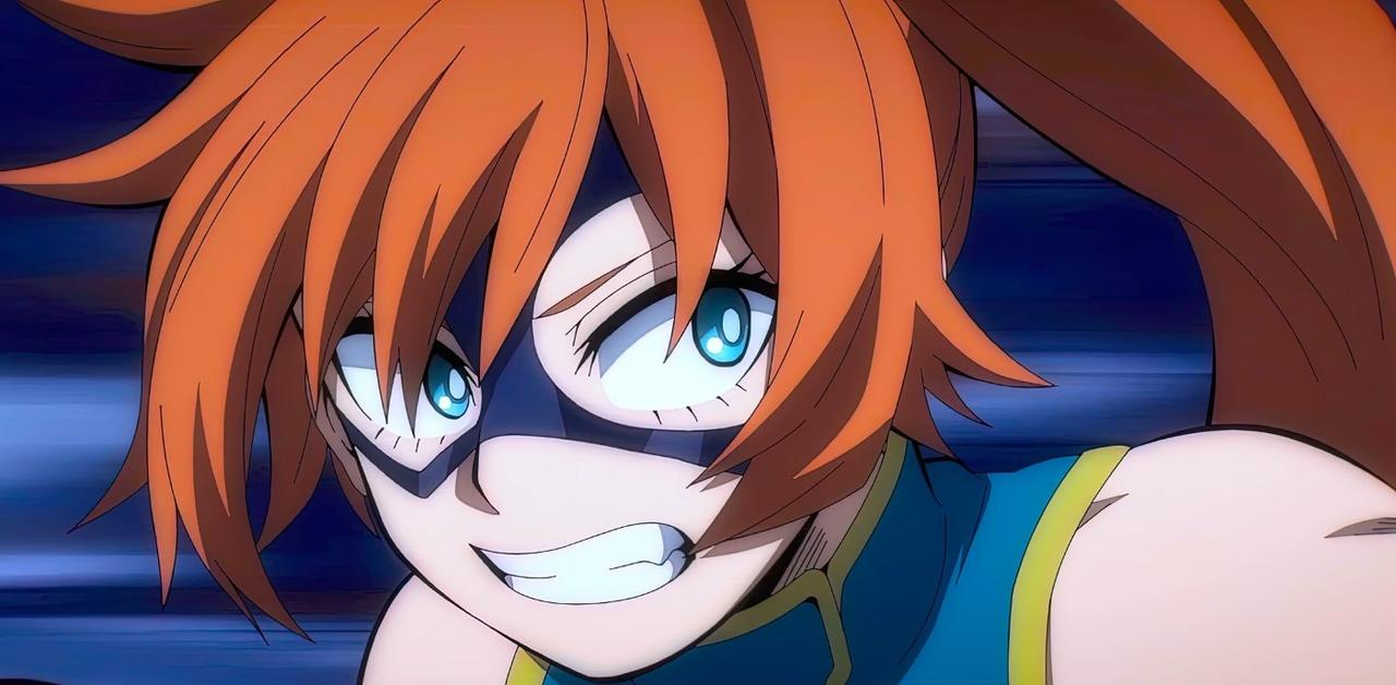 Anime-Mädchen mit orangefarbenem Haar und blauen Augen trägt eine Maske.
