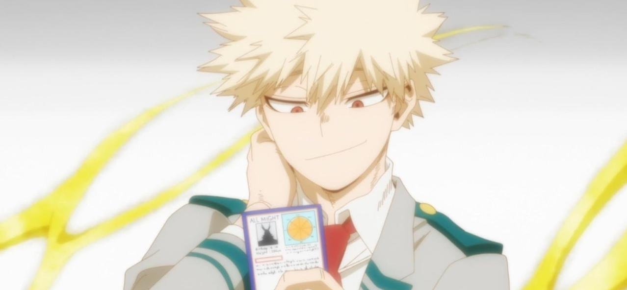 Anime-Junge mit blonden Haaren und roten Augen hält eine Karte.
