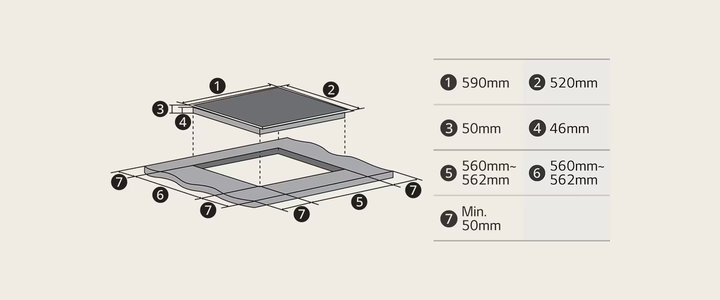 Diagram a főzőlap méreteit mutatja: 590x520mm, 50mm magasság, 46mm mélység.