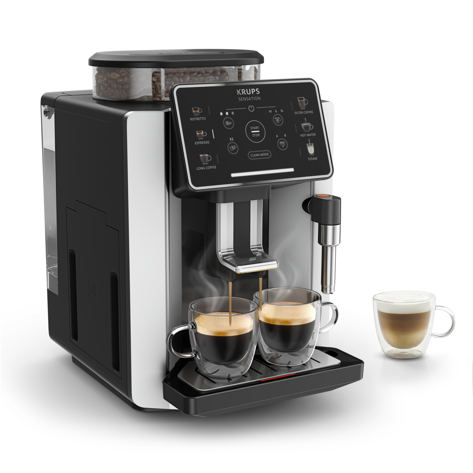 A black and silver coffee machine brews espresso into two glass cups.