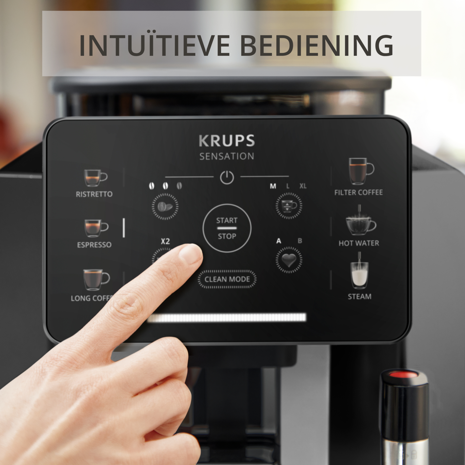 A hand touches a coffee machine screen showing various coffee options.