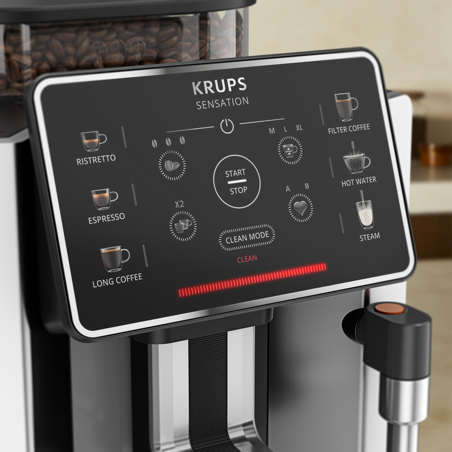 Krups Sensation coffee machine with control panel, coffee beans and cup icons.
