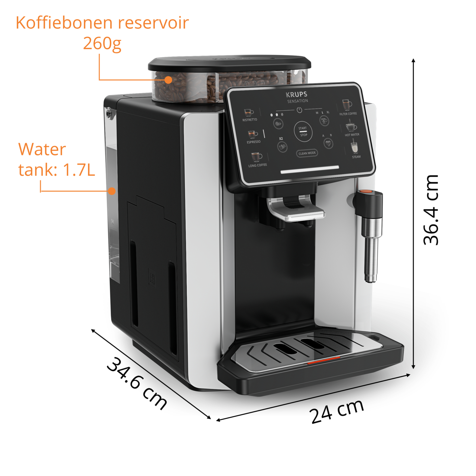 Coffee machine with bean reservoir on top, water tank on left. Dimensions: 36.4x34.6x24 cm.