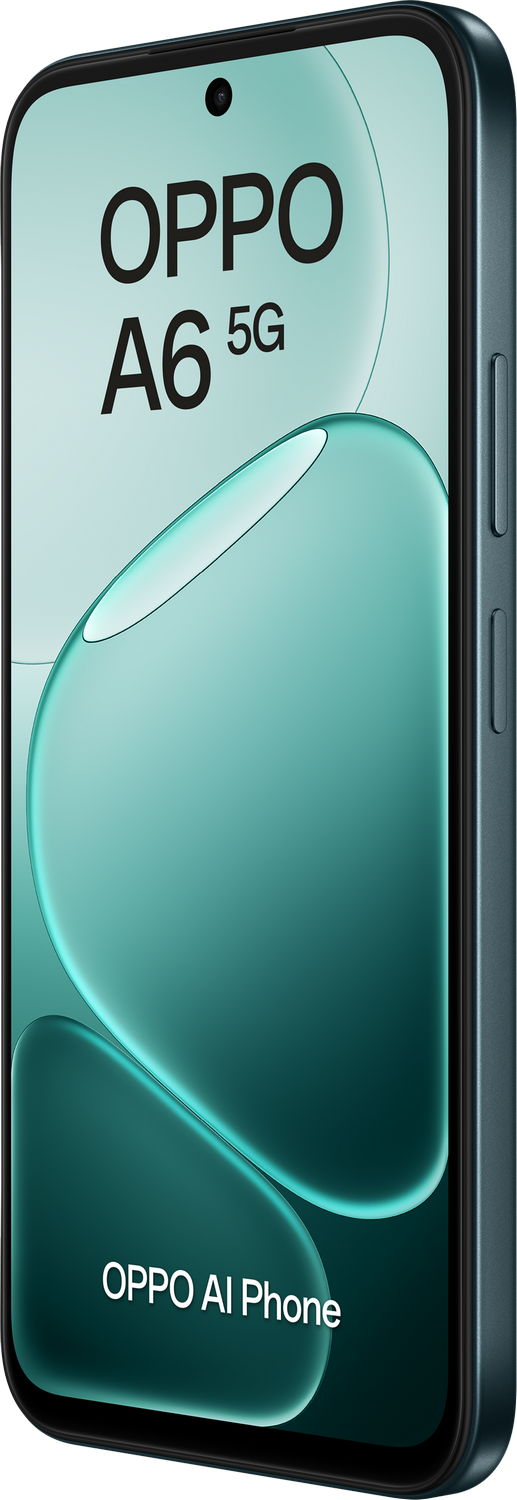 Un smartphone OPPO A6 5G verde azulado oscuro con 'OPPO AI Phone'.