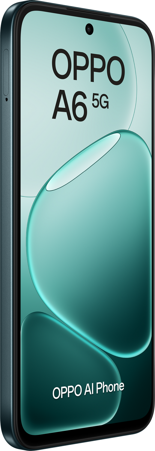Un smartphone OPPO A6 5G color verde azulado con elementos de diseño ondulado.