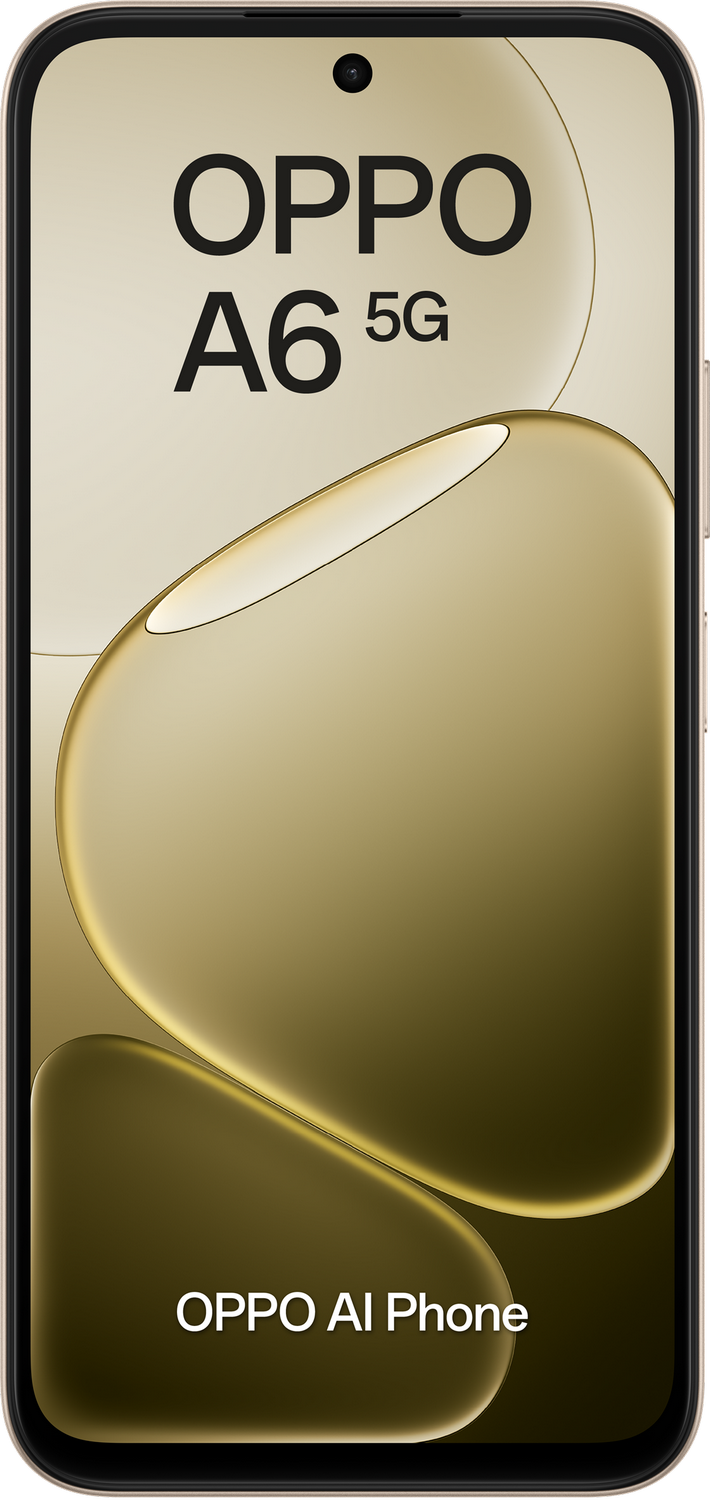 Teléfono OPPO A6 5G con formas orgánicas doradas en la pantalla.