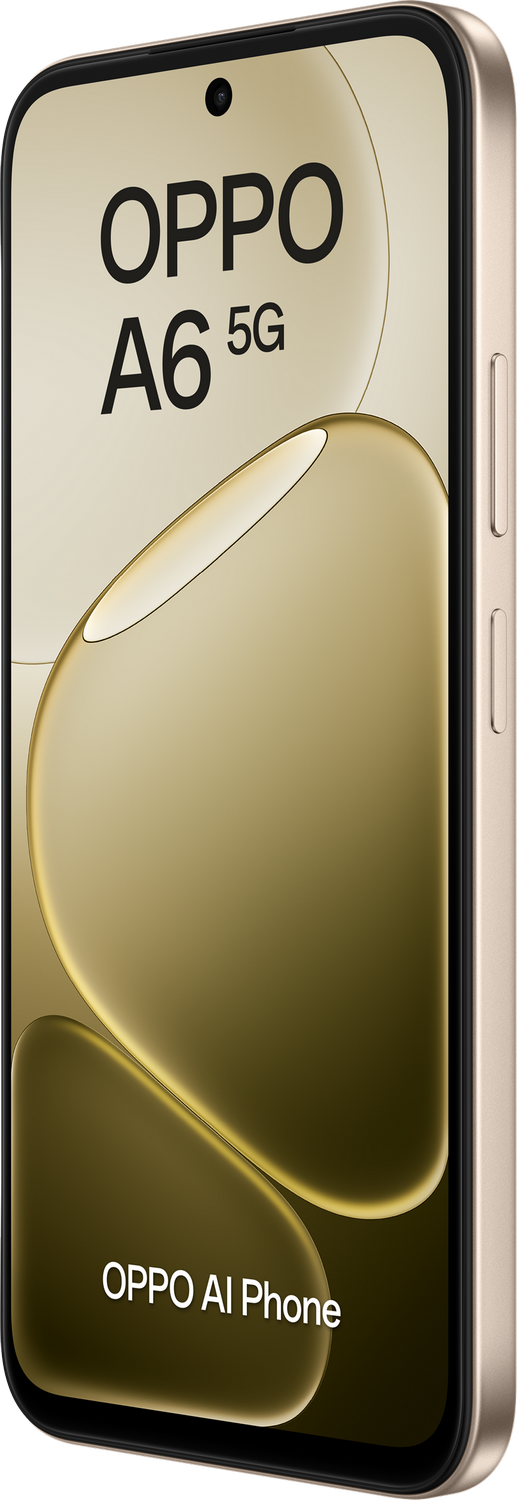Teléfono OPPO A6 5G dorado con texto "OPPO AI Phone".