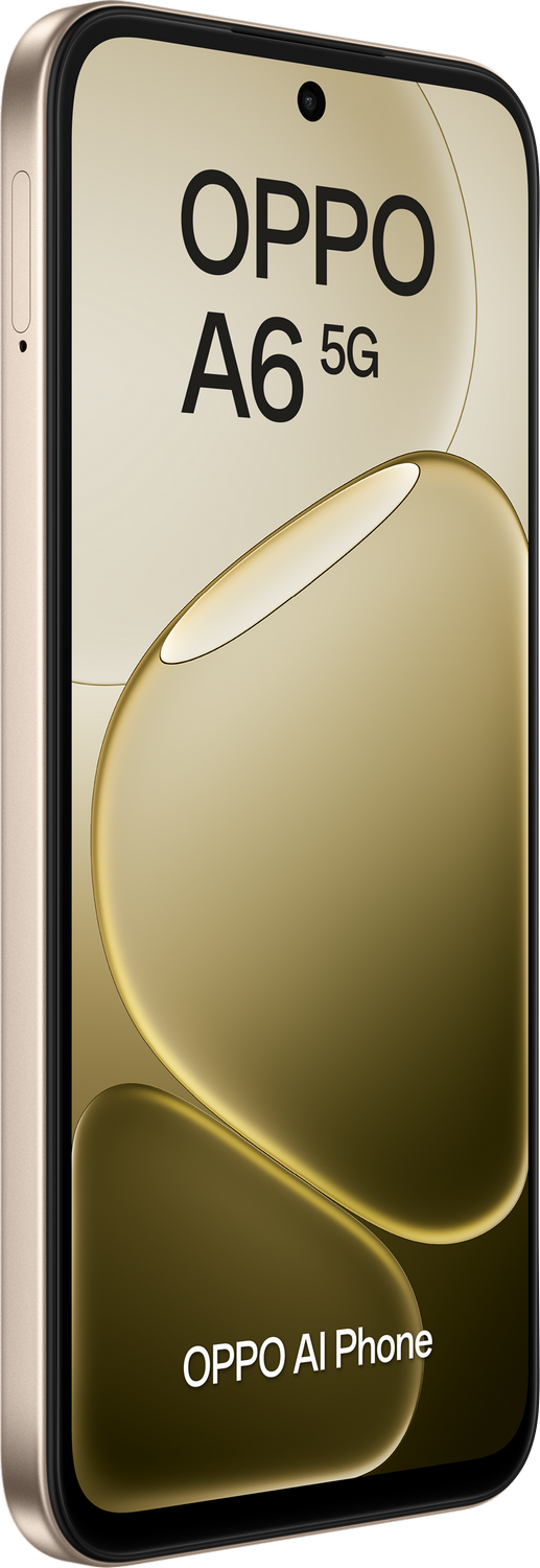 Smartphone OPPO A6 5G dorado con texto "OPPO AI Phone".