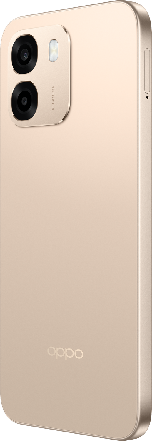 Parte trasera de un smartphone dorado con dos cámaras y logo de OPPO.