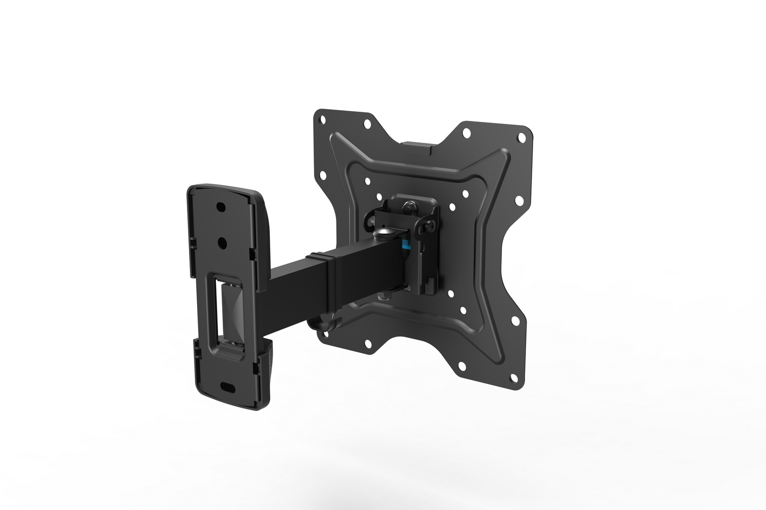 Soporte de pared para TV negro con brazo extensible y soporte de placa VESA giratorio.