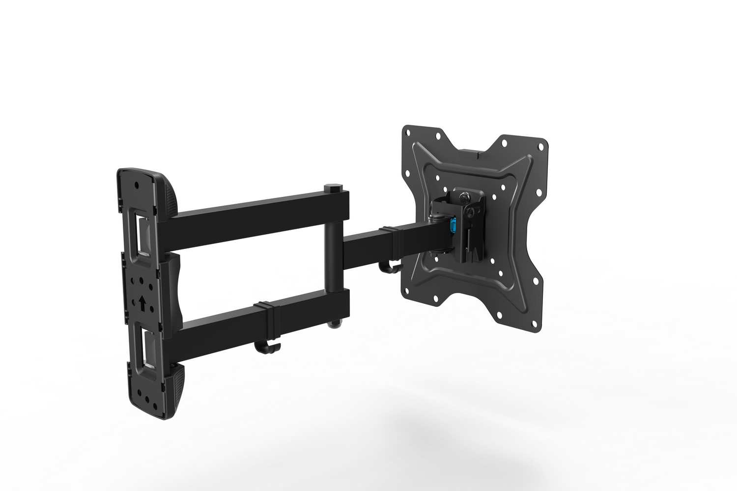Soporte de pared negro para TV con brazo ajustable y placa VESA.