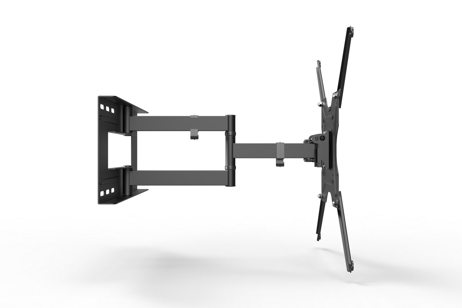 Un soporte de pared para TV negro, extensible y articulado sobre fondo blanco.