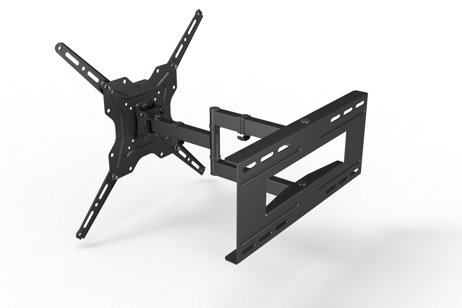 Soporte de pared negro articulado para TV con brazo extensible. Aislado en blanco.
