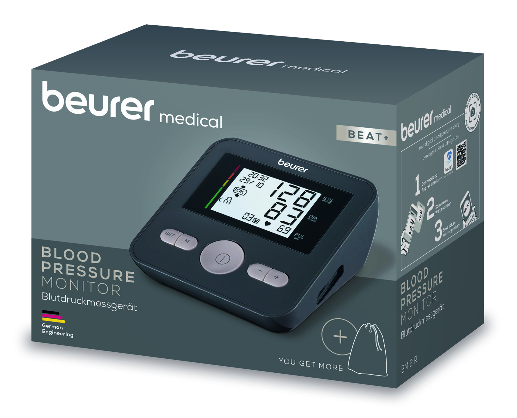 Embalaje de tensiómetro Beurer con monitor digital y bolsa de accesorios.
