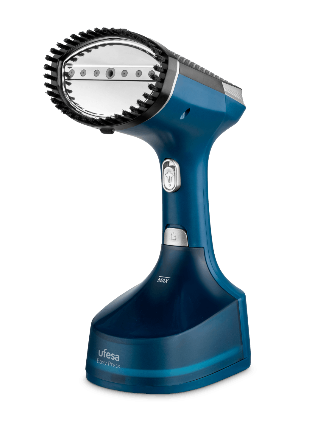 Un vaporizador de ropa azul de mano con accesorio de cepillo y salidas de vapor.