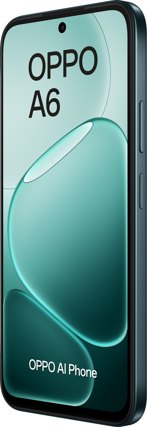 Un smartphone OPPO A6 con fondo verde azulado y elementos ovalados.