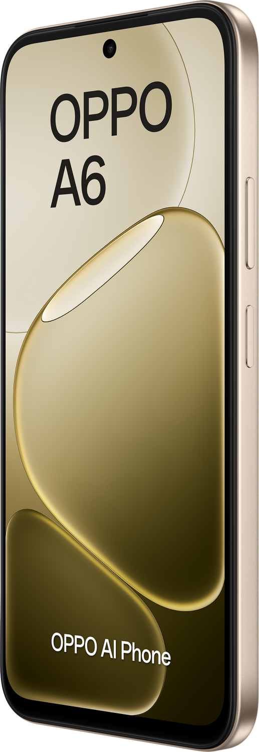 Smartphone OPPO A6 dorado con orificio de cámara y diseño brillante.
