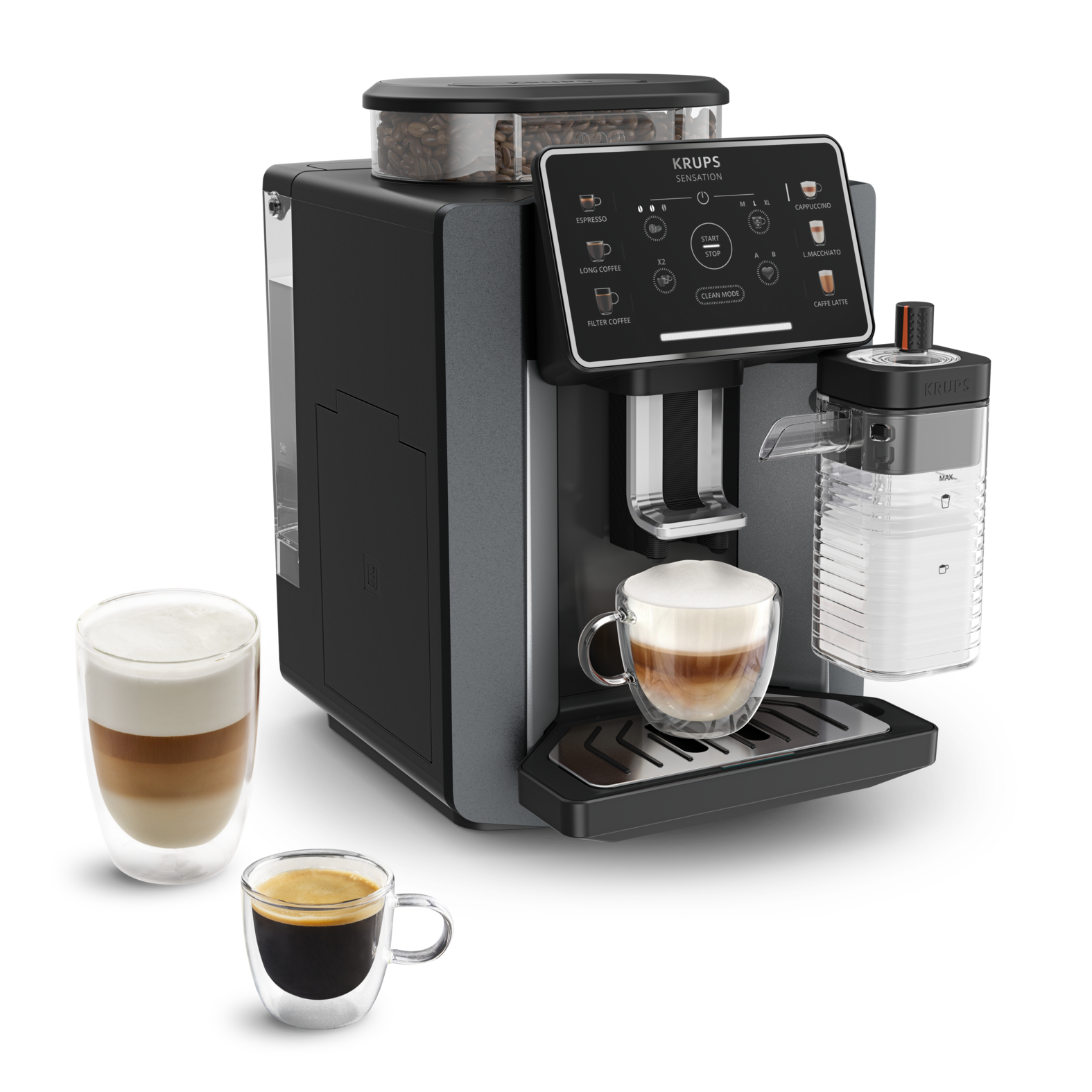 Krups koffiezetapparaat met bonenreservoir en koffiekopjes.