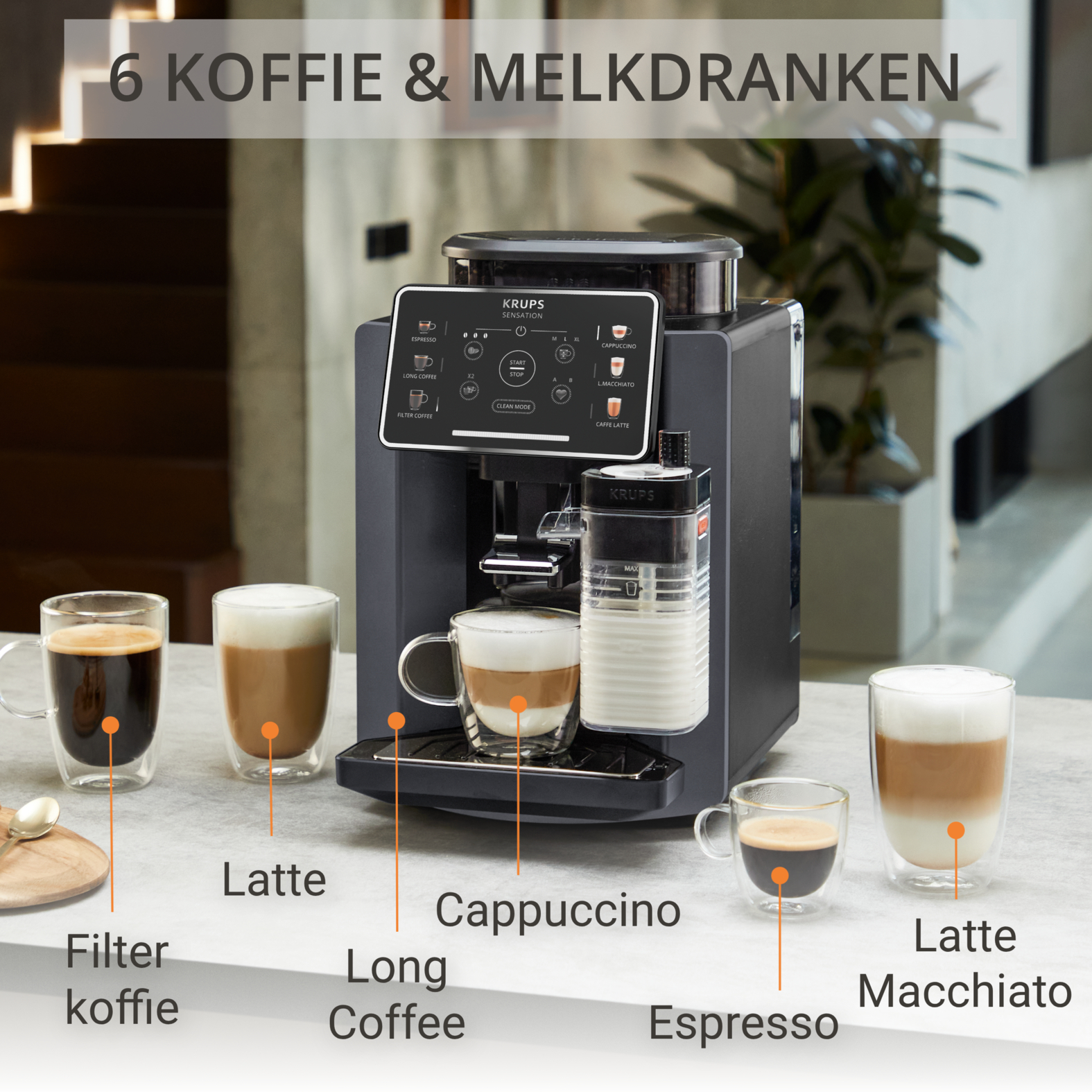 Koffiezetapparaat met zes verschillende koffie- en melkdranken in glazen.