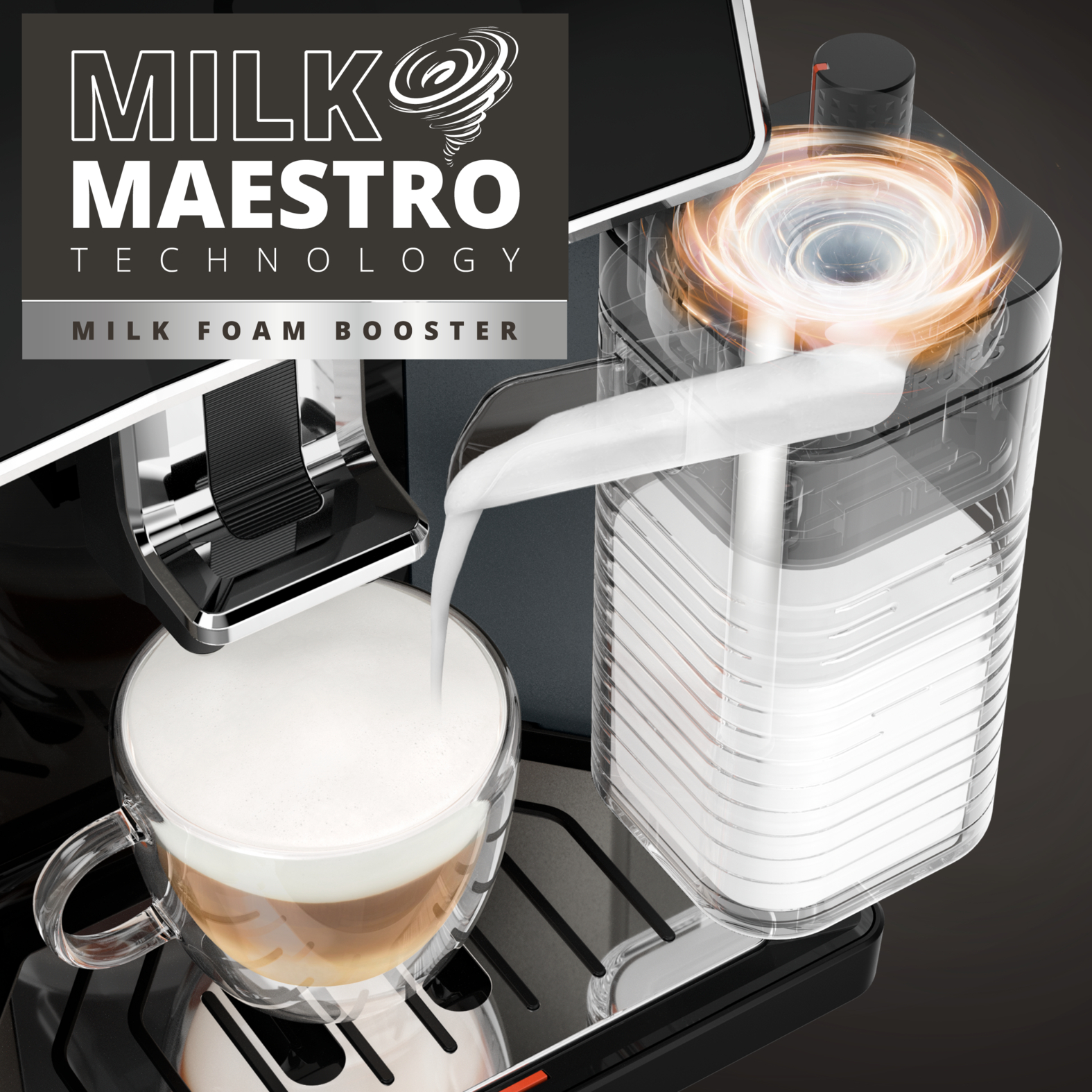 Melk wordt in een heldere kop met koffie en schuim gegoten.