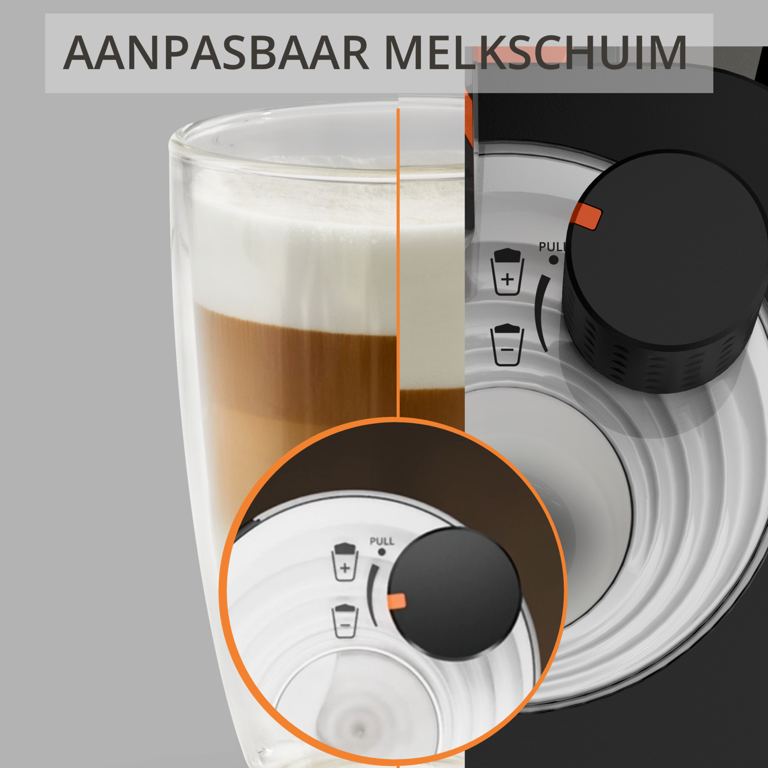 Koffie met melkschuim naast een koffiezetapparaat met instelknop.