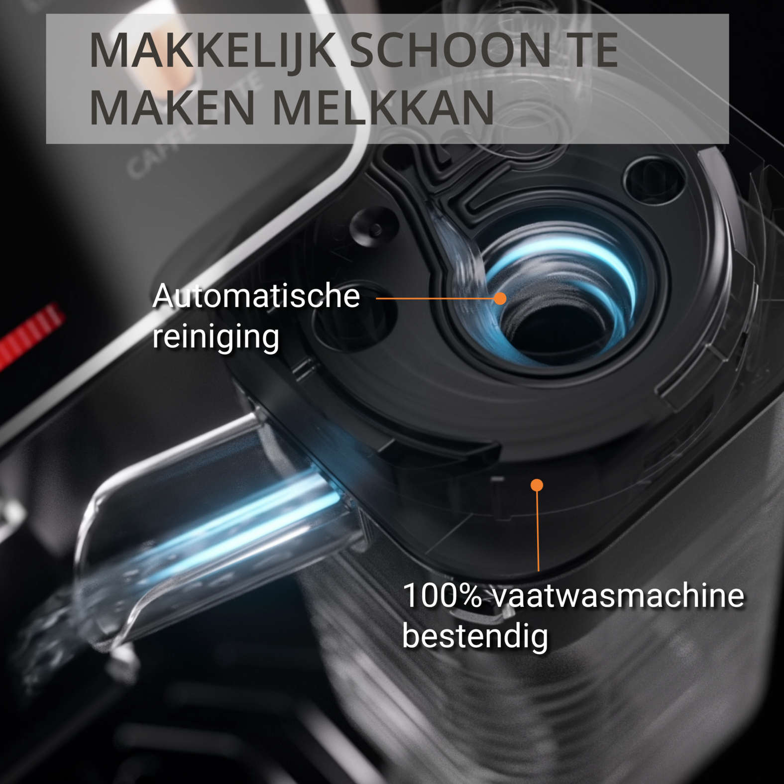 Close-up van een automatische melkkan die reiniging en vaatwasmachinebestendigheid toont.