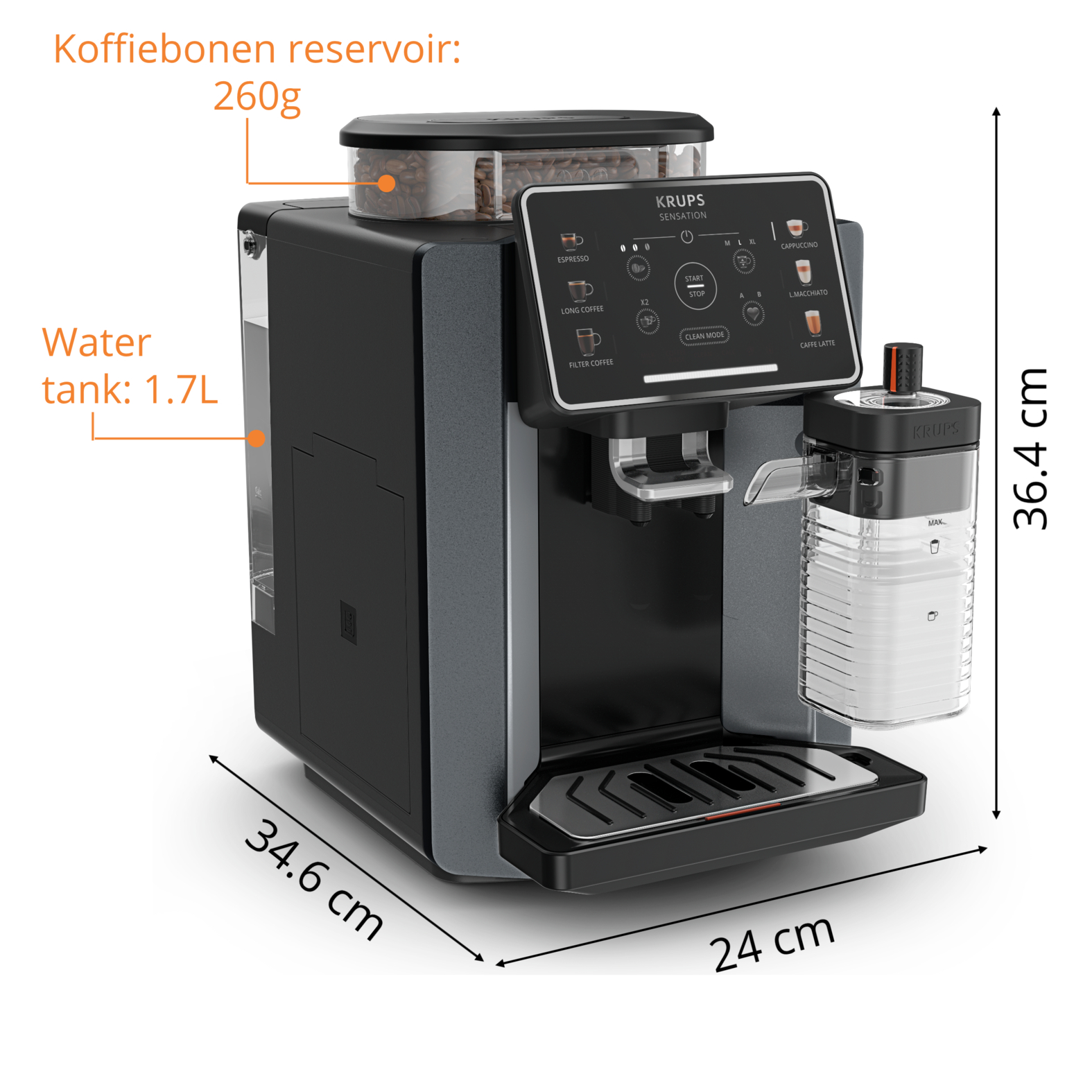 Een zwarte Krups Sensation koffiemachine met bonenreservoir en watertank.