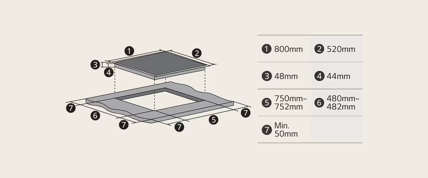 Diagram főzőlap méretekkel: 800x520mm teljes, 48x44mm kivágások, 750-752mm széles, 480-482mm mély, 50mm min. magasság.