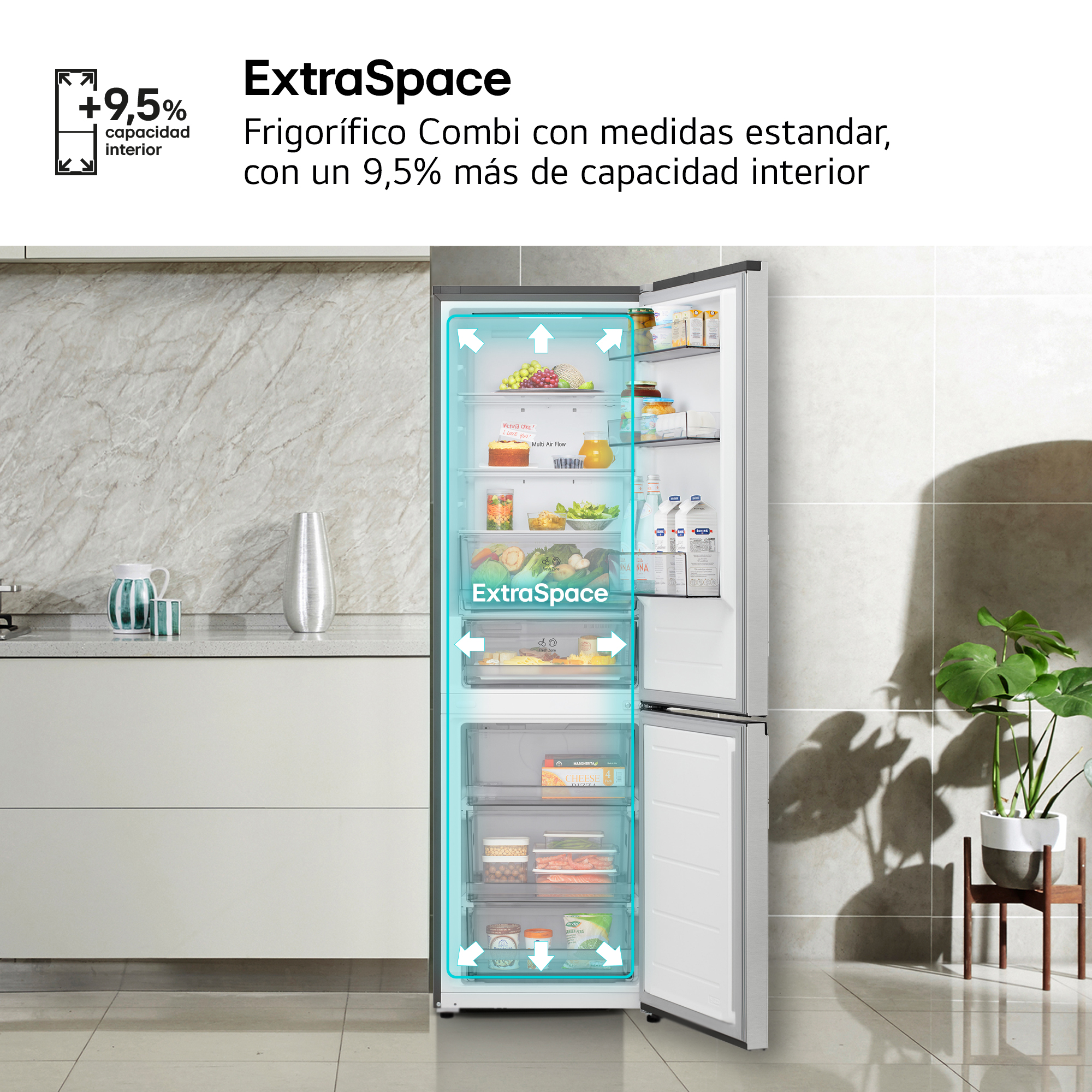 ExtraSpace. Frigorífico Combi con medidas estandar, con un 9,5% más de capacidad interior