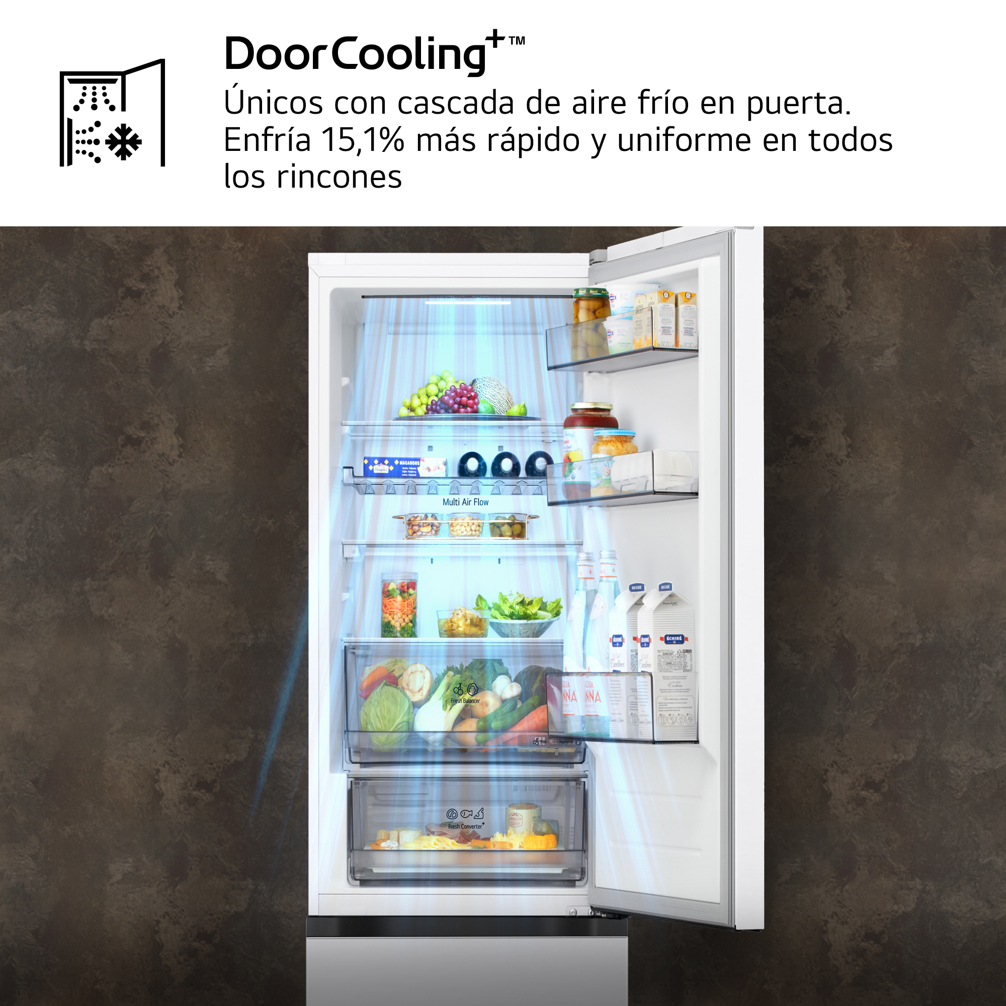 DoorCooling+™. Únicos con cascada de aire frío en puerta. Enfría 15,1% más rápido y uniforme en todos los rincones