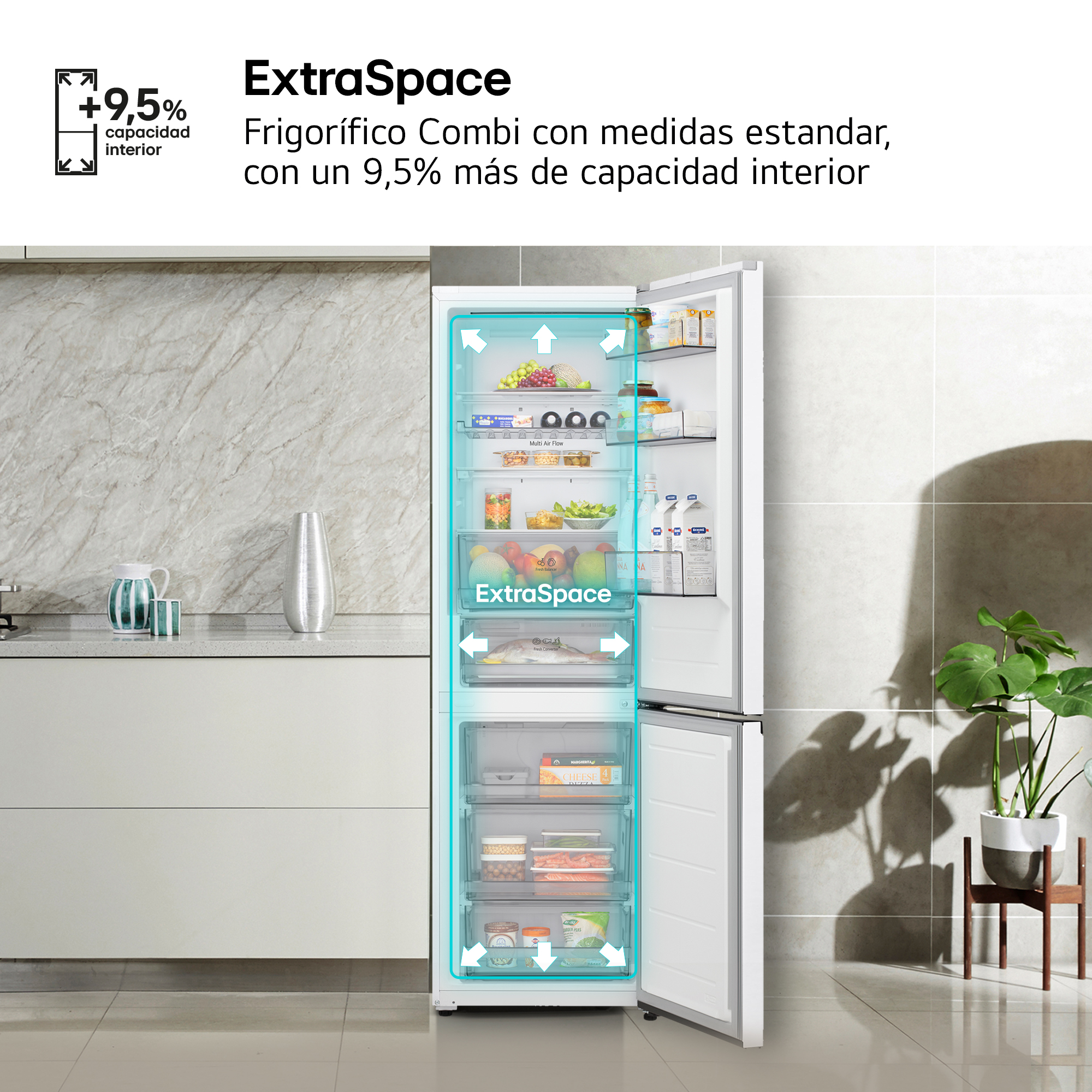 ExtraSpace. Frigorífico Combi con medidas estandar, con un 9,5% más de capacidad interior