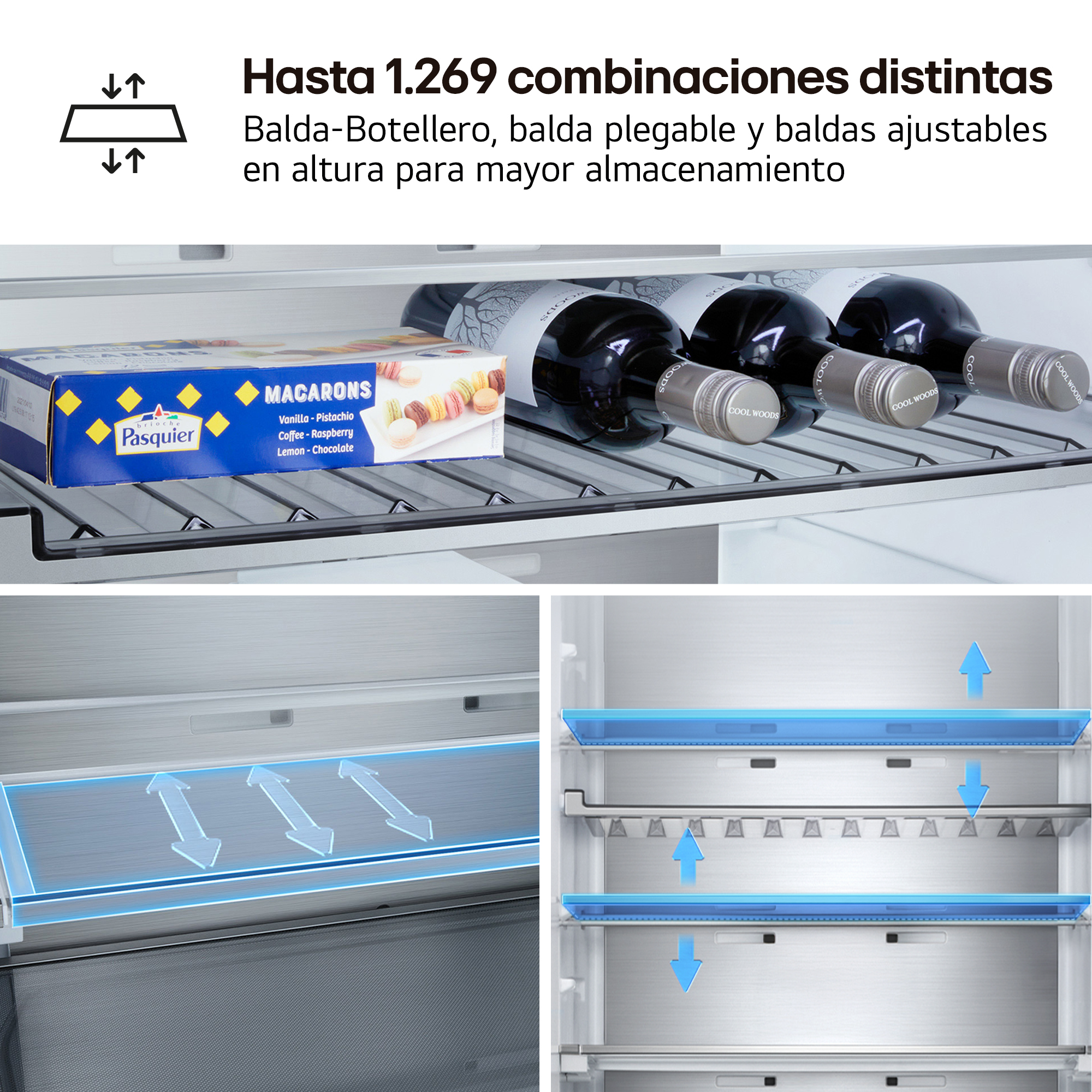 Hasta 1.269 combinaciones distintas. Balda-Botellero, balda plegable y baldas ajustables en altura para mayor almacenamiento