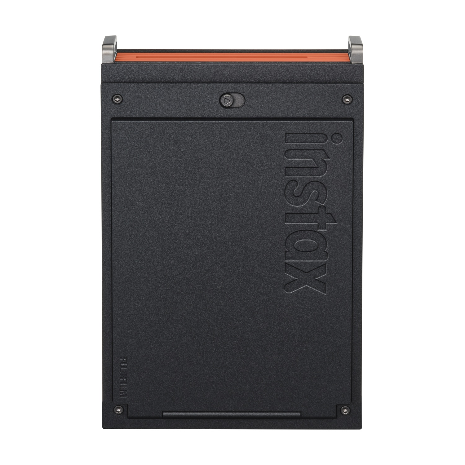 Dispositivo Instax nero con striscia arancione e maniglia argento.