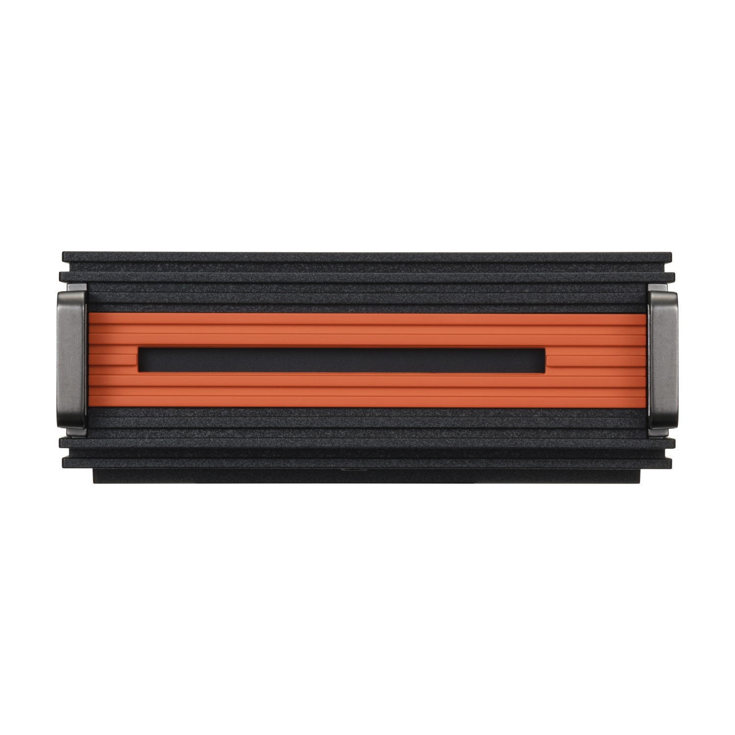 Oggetto rettangolare nero e arancione con texture a coste e tappi argentati.