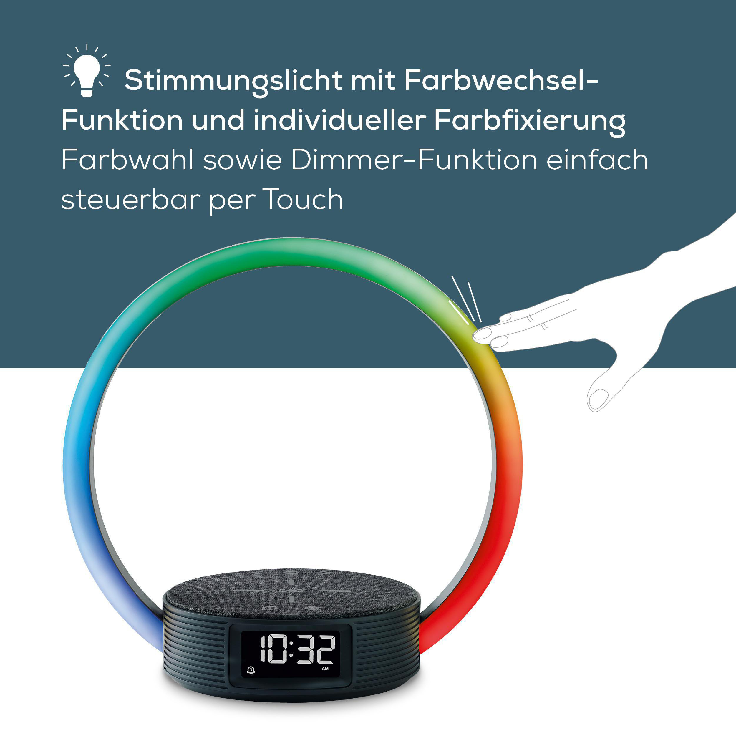 Ein Wecker mit Farbwechsel-Lichtring und Touch-Steuerung wird gezeigt.