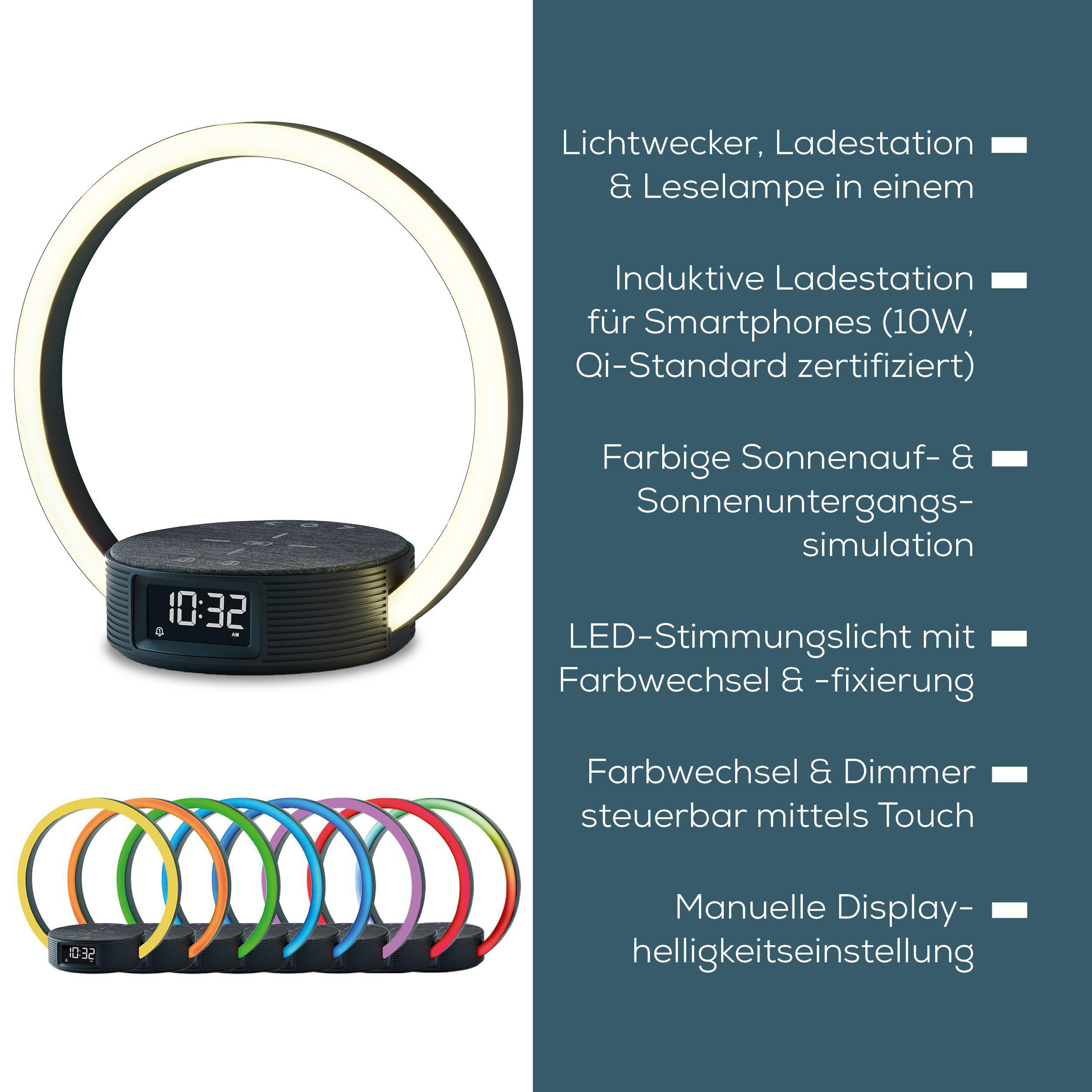 Ein multifunktionaler Wecker mit Ladestation, Leselampe und wechselnden Lichtfarben.