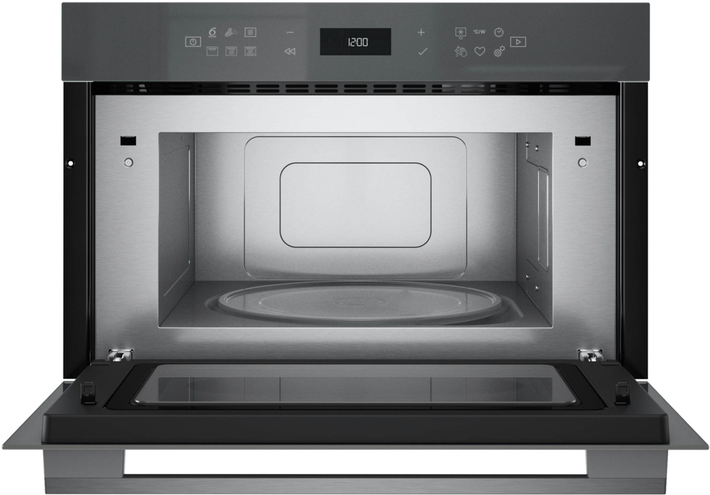 Otwarta kuchenka mikrofalowa z srebrnym wnętrzem, szklanym talerzem obrotowym i cyfrowym wyświetlaczem.