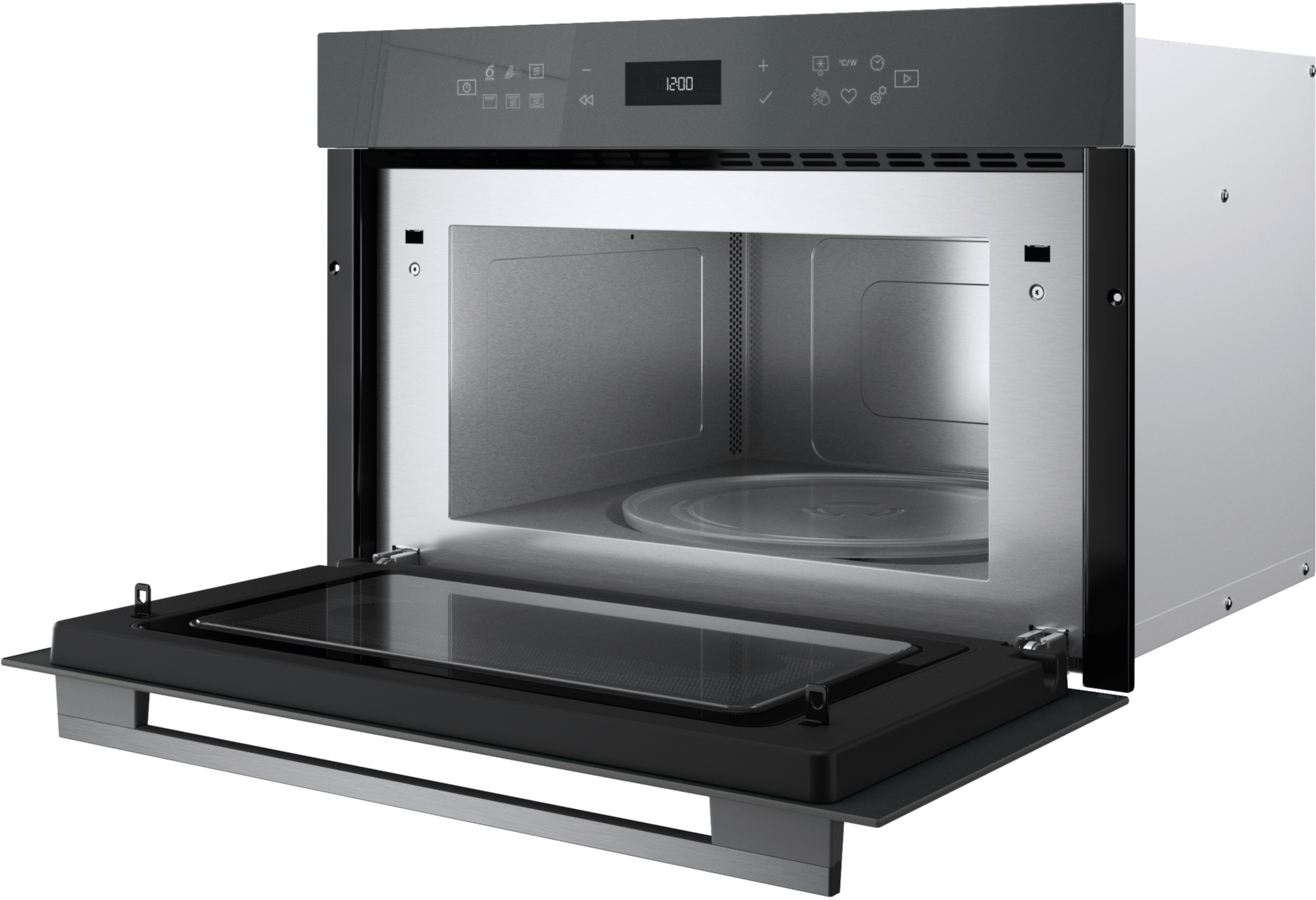 Otwarta, wbudowana kuchenka mikrofalowa ze stali nierdzewnej z cyfrowym wyświetlaczem.