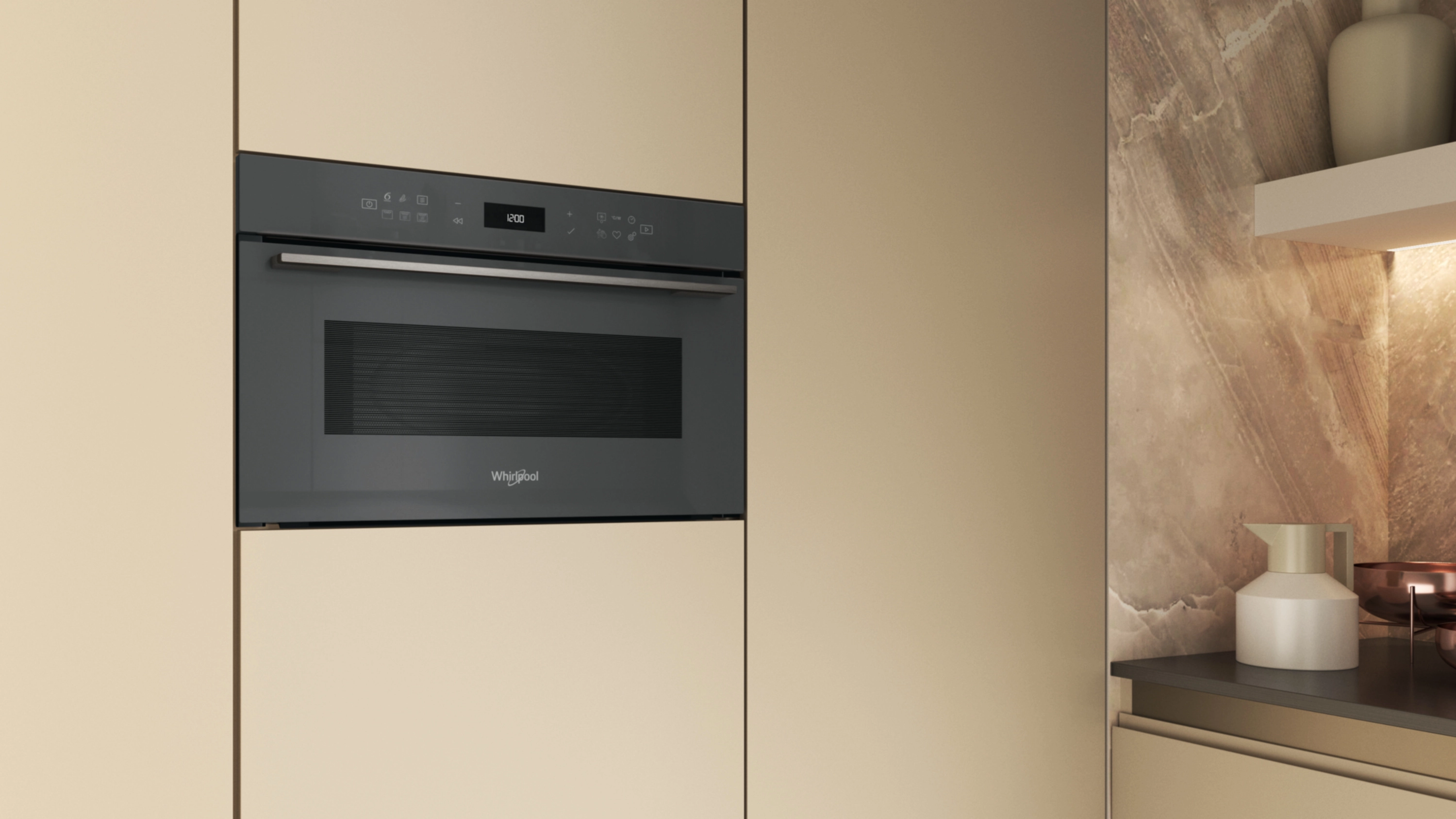 Ciemny piekarnik do zabudowy z panelem sterowania i cyfrowym wyświetlaczem w jasnej kuchni.